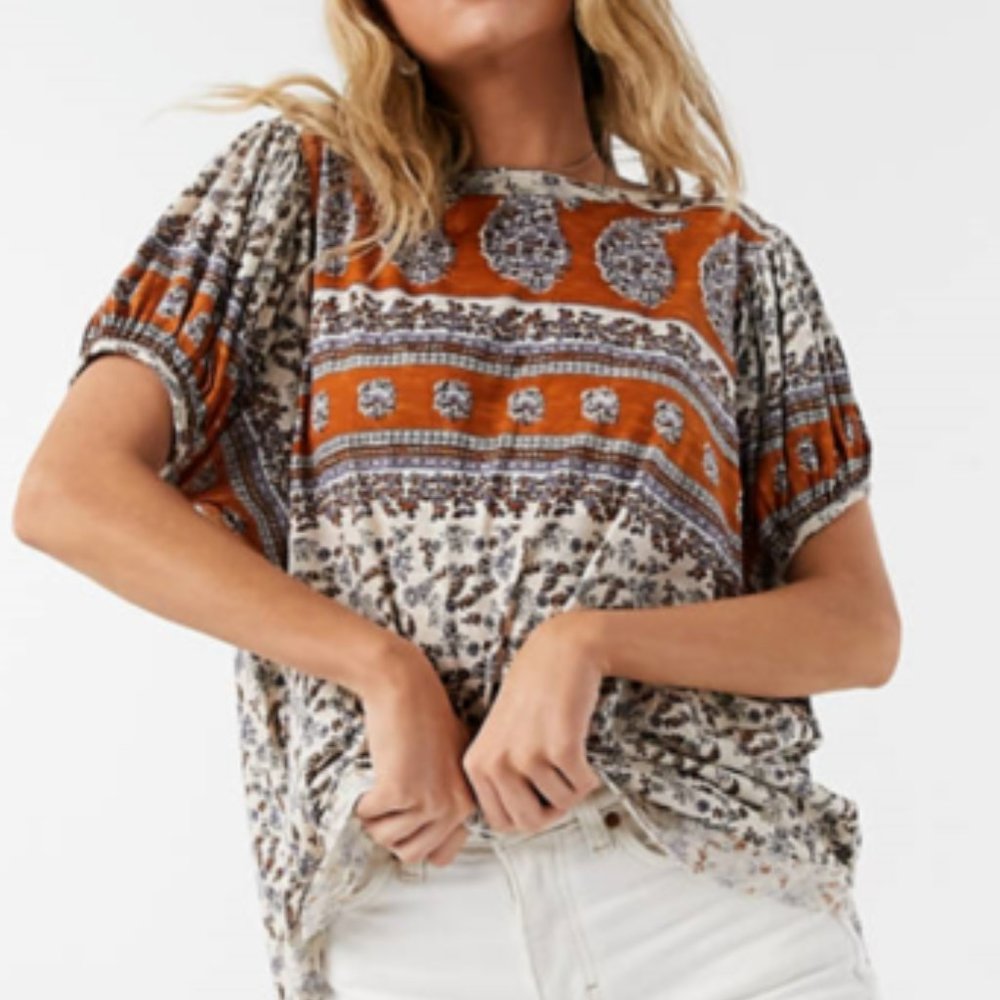Free People Paisley Tee Ivory Combo Puff Sleeve Open Scoop Back Top NWT $68 S
